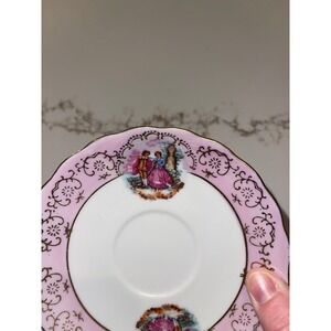 Vintage Japanese Porcelain Saucer Pink Gold Filigree Courting Couple Japan Label